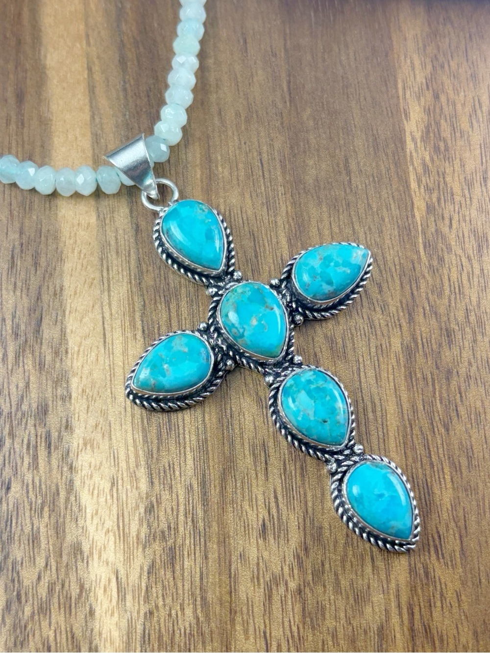 XL Mohave Turquoise Cross Pendant Jade Necklace Sterling Silver 925 Overlay New - Picture 7 of 12